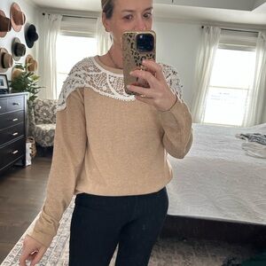 Kori America Beige Knit with White Lace Detail